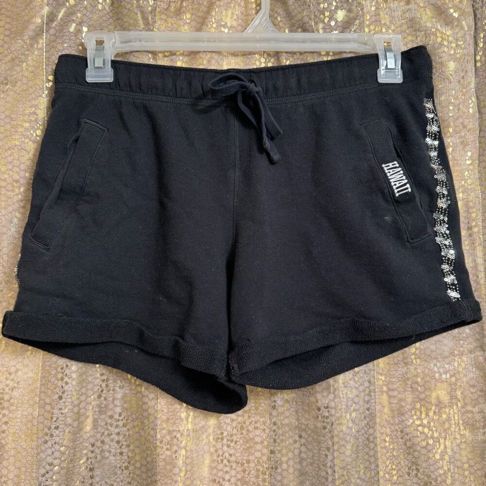 PINK Victorias Secret Black Hawaii Silver Beaded Stripe Cuffed Shorts Small
